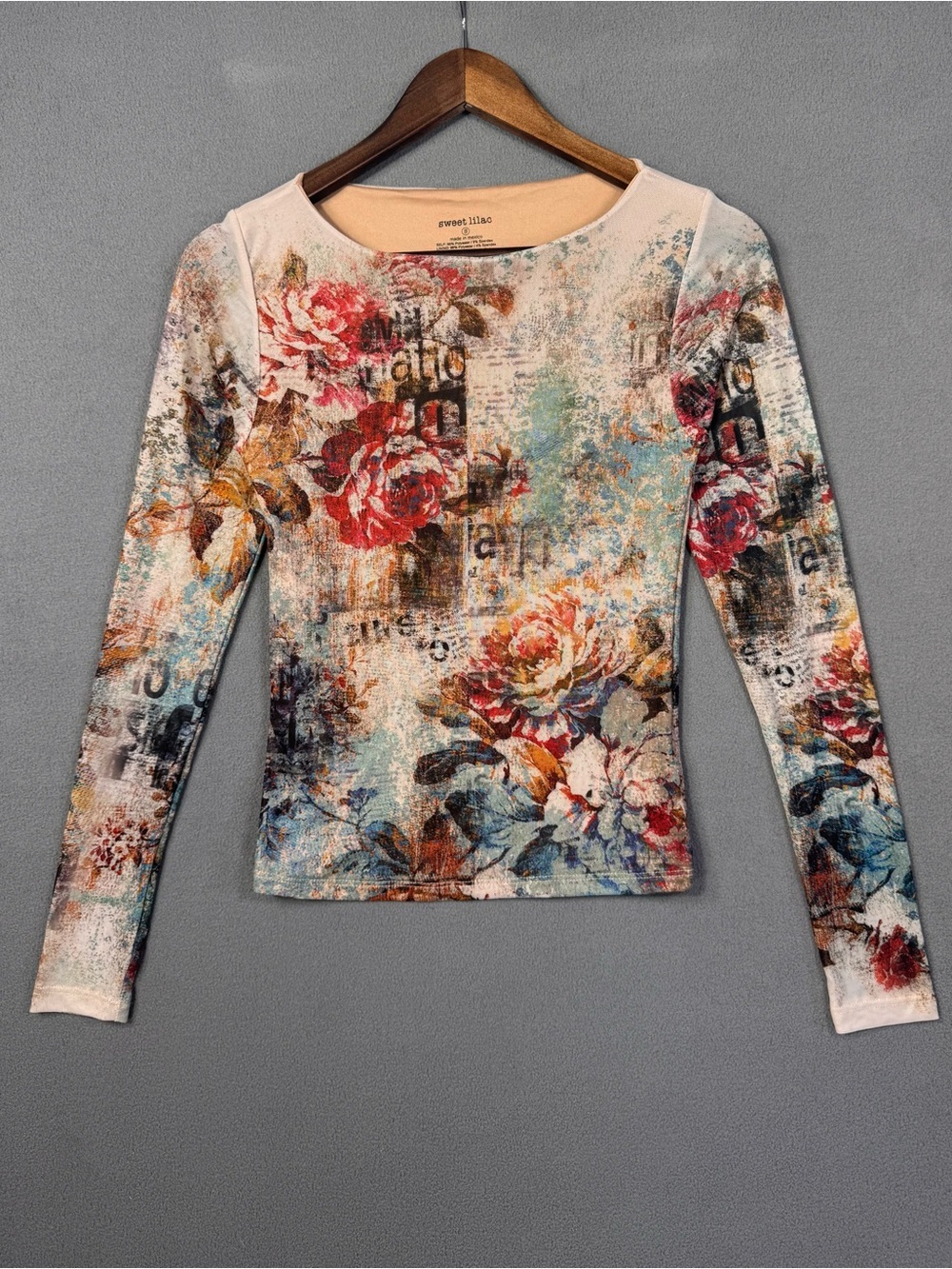 Y2K Style Sweet Lilac Floral Long Sleeve Mesh Top in Multicolor Graphic, S